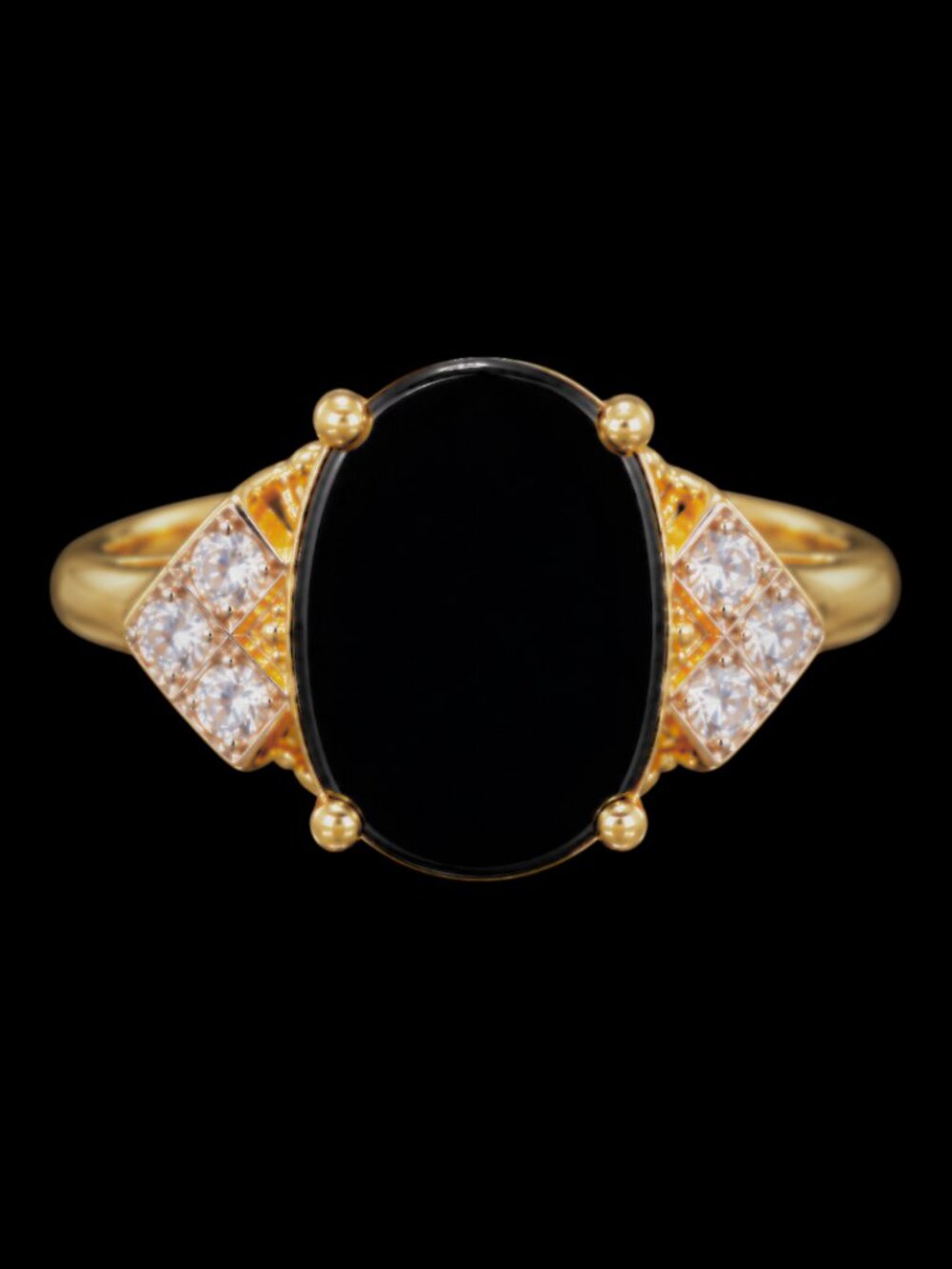 Vintage Black Onyx and Cubic Zirconia Statement Ring 18K HGE Size 8